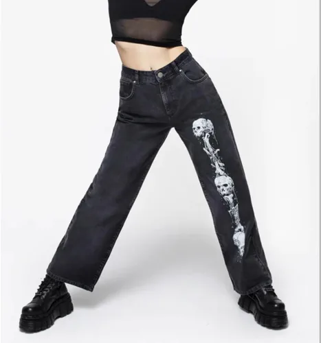 Vista 2 de HOXIJIA Pantalones de mezclilla de pierna ancha de cintura alta para mujer, con estampado Y2K, holgados, dobladillo acampanado, pantalones elásticos