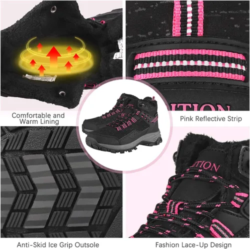 Vista 3 de GRITION Botas de senderismo para mujer, impermeables, de invierno, botines ligeros, para exteriores, altas, a la moda, con cordones, botas cálidas