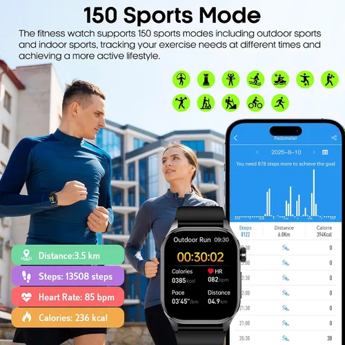 Vista 6 de Reloj inteligente para hombres y mujeres con llamadas Bluetooth, presión arterial, frecuencia cardíaca, oxígeno en sangre, estrés, HRV, monitor