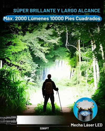 Vista 2 de Linterna de 2000 lúmenes de alta luminosidad con lente de encendido, linterna LED recargable superbrillante con zoom, 5 modos, impermeable, linterna
