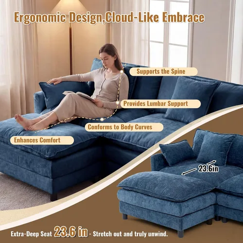 Vista 6 de Juego de sofá modular de 107 pulgadas con otomana, sofá convertible en forma de L, sofá de asiento profundo de felpilla de 3 plazas con almohadas