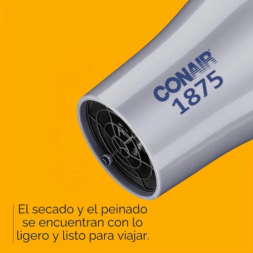Vista 3 de Secador de pelo compacto Conair con mango plegable, secador de viaje de 1875 W con accesorios difusor y concentrador, 2 ajustes de calor y 2