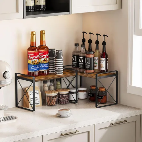 Vista 5 de Giikin Organizador de encimera de cocina, juego de 2 estantes de encimera de cocina, estante elevador para estante de especias para armario y Marrón