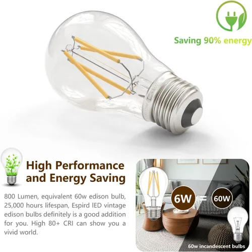 Vista 5 de Bombilla LED E26, bombilla LED A15 regulable de 6 W = 60 W, blanco cálido de 2700 K, bombilla LED Edison E26 de base media para ventilador de techo