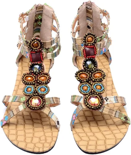 Vista 8 de Odema Sandalias planas para mujer, con cuentas bohemias, con cremallera trasera, zapatos elegantes
