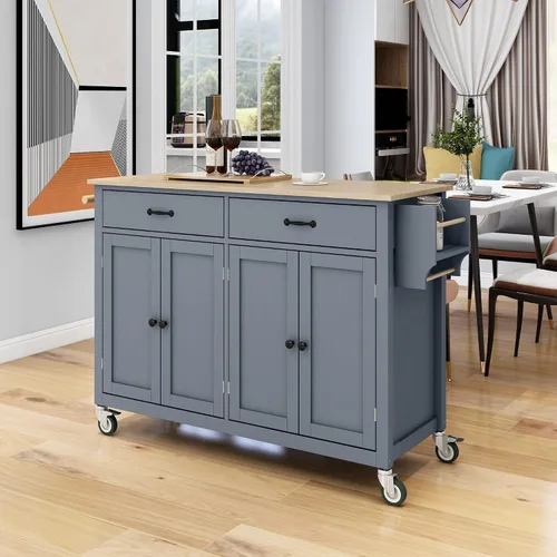 Vista 2 de LUMISOL Carrito móvil de isla de cocina con gabinete sobre ruedas, carrito rodante con tapa de madera de caucho, cajones, toallero y estante