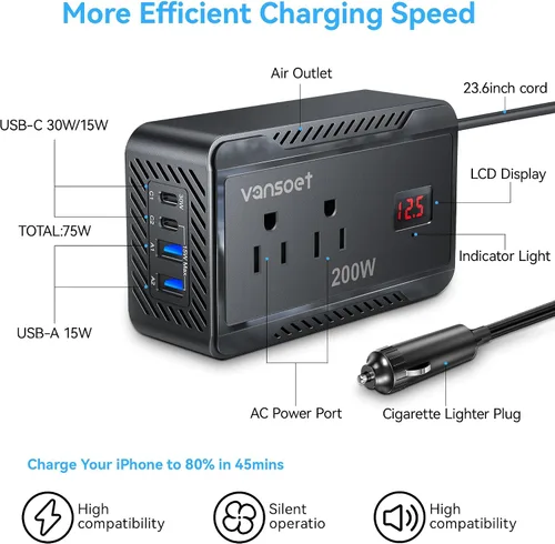 Vista 3 de Inversor de corriente de 200W para automóvil, DC 12V a 110V AC, convertidor con [PD 30W y 15W] USB C de carga rápida/3.0A, puertos de carga USB