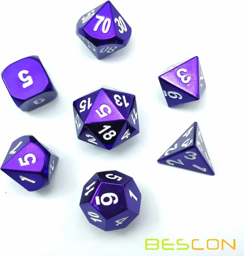 Vista 5 de Bescon 7pcs Set Heavy Duty Metal Dice Set Glossed Color of Purple, Colorful Solid Metallic Polyhedral D&D Dice Set Violet