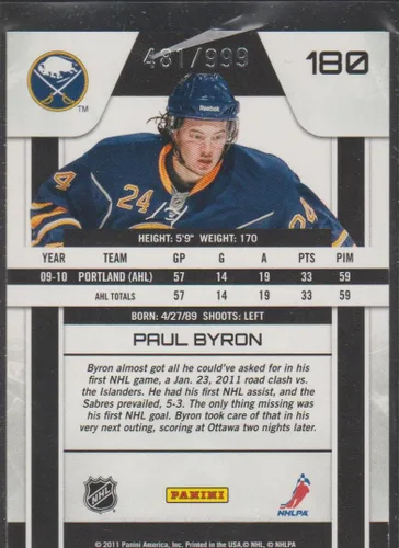 Vista 2 de 2011 Zenith Paul Byron Sabres 481/999 Hockey Card #180