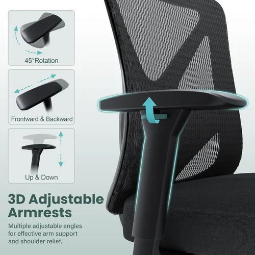 Vista 7 de Silla de oficina ergonómica, sillas de escritorio de malla para computadora con soporte lumbar ajustable, reposabrazos 3D, función de inclinación