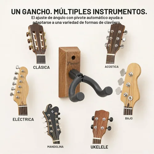 Vista 6 de Soporte de pared para guitarra con soporte para púas y 6 púas de celuloide, colgador de guitarra de madera de nogal en forma de U, soporte de gancho