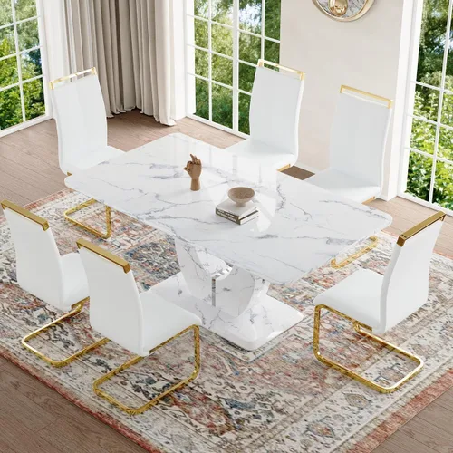 Vista 93 de JUFU Juego de mesa de comedor moderno para 4, juego de mesa de cocina rectangular de 63 pulgadas con mesa de mármol sintético y 4 sillas tapizadas