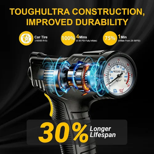 Vista 3 de Compresor de aire portátil, inflador de neumáticos de 12V DC Medidor de presión digital, 150 PSI, luz LED, coche, motocicleta, bicicleta, anillo
