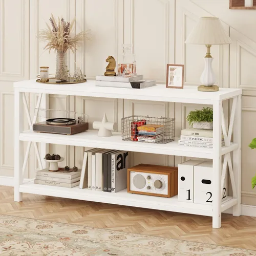 Vista 10 de Mesa consola para entrada, mesa de sofá larga con estantes debajo de la ventana, mesas de pasillo de madera y metal para vestíbulo