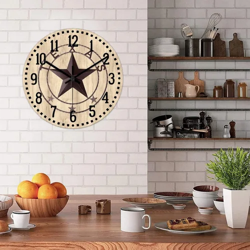 Vista 4 de Reloj de pared clásico de estilo rústico con estrella de Texas occidental, reloj analógico de madera silencioso sin tictac, funciona
