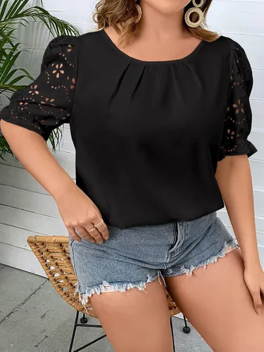 Vista 4 de SOLY HUX Women's Plus Size Puff Half Sleeve Round Neck Hollow Out Work Blouse Tops