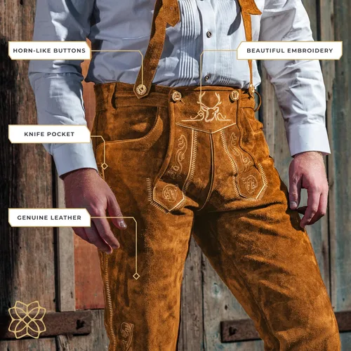 Vista 4 de BAVARIA TRACHTEN Lederhosen - Traje de Oktoberfest de cuero genuino para hombre, marrón claro y oscuro, amarillo oliva antiguo, verde óxido Marrón