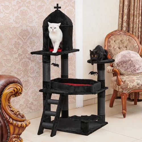 Vista 7 de YARUOMY - Árbol gótico para gatos con cama de ataúd, torre para gatos de 55" con amplio condominio para gatos, postes para rascar, bola colgante