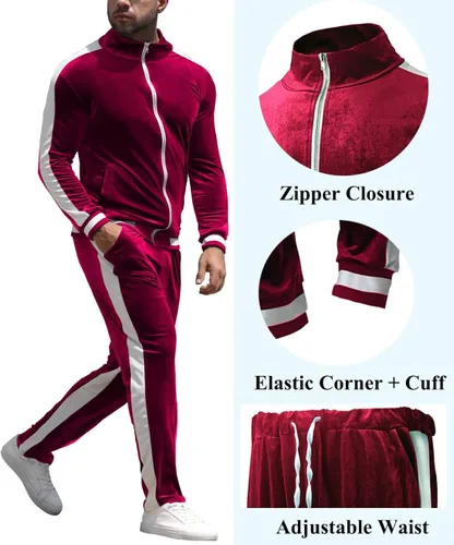 Vista 5 de YAOGRO Conjunto deportivo de terciopelo traje deportivo de 2 piezas para hombre, con cremallera completa, casual, chaquetas y pantalones