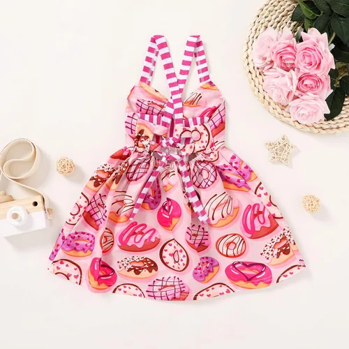 Vista 4 de Falda de verano para niñas pequeñas, vestido sin espalda con tirantes y estampado de helado