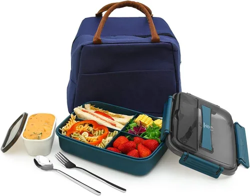 Vista 8 de MINCOCO Bento - Lonchera a prueba de derrames, ecológica, contenedor de almacenamiento de alimentos con una gran bolsa de almuerzo, tarro de salsa