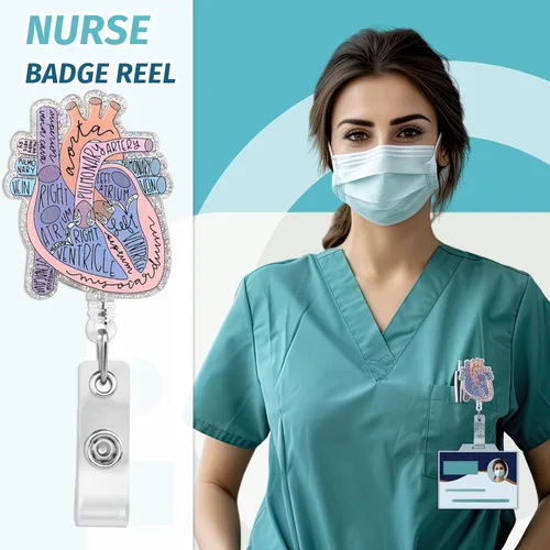 Vista 6 de Dimeho Portaplacas de Identificación Cardíaco Corazón Carrete Retráctil Clip Tarjeta ID Anatomía Divertido Portanombres Enfermera Pediatría