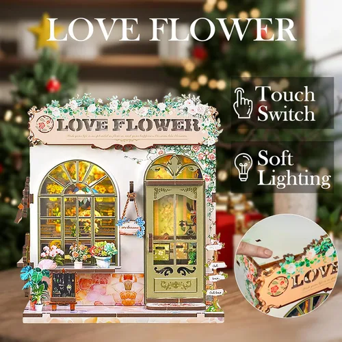 Vista 5 de Kit de rincón de libros – Kit de casa en miniatura de bricolaje con luz LED, rompecabezas de madera 3D, decoración de estantería estilo floristería