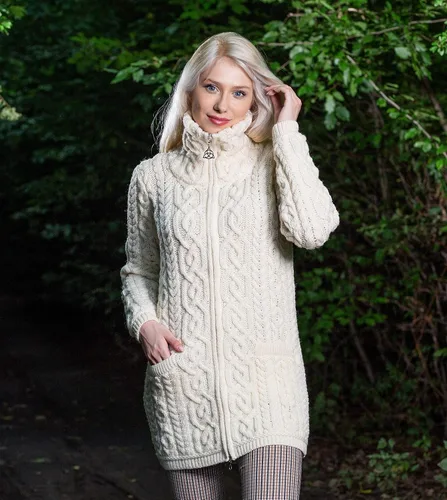 Vista 5 de SAOL Cárdigan irlandés con cremallera Aran para mujer, abrigo de 100% lana merina, con bolsillos y cuello elevado