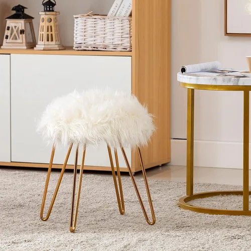 Vista 4 de DUHOME Otomana de piel sintética, taburete de maquillaje redondo con patas de metal dorado para dormitorio, sala de estar, color blanco Soft faux