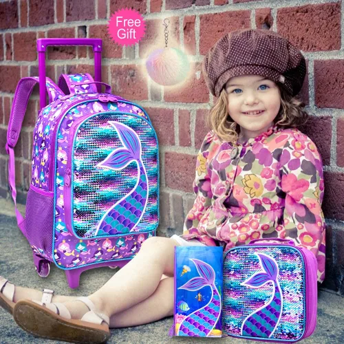 Vista 2 de 3 mochilas con ruedas para niñas, mochila escolar con ruedas y bolsa de almuerzo, sirena