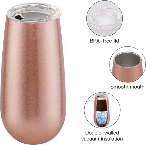Vista 6 de Paquete de 2 vasos de champán sin tallo, vaso de flauta aislado de 6 onzas, vasos irrompibles de doble aislamiento para amigos, cumpleaños, Navidad