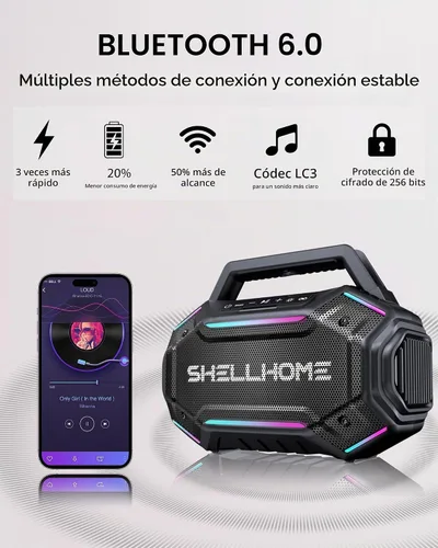 Vista 6 de ShellHome Altavoces Bluetooth 6.0 para exterior, altavoz potente de 80 W (máximo) con graves, 30 horas de reproducción, impermeable IPX6, luces RGB