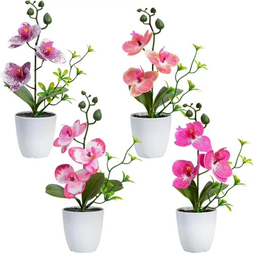 Vista 9 de XONOR Flores artificiales de orquídea, 2 piezas de flores de orquídea en maceta con jarrón de plástico para centro de mesa, decoración del hogar
