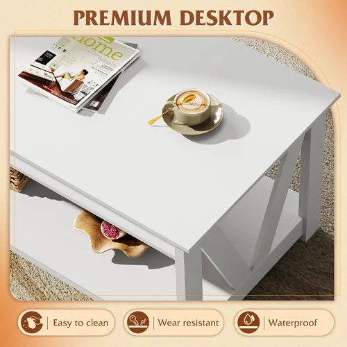 Vista 7 de WLIVE - Mesa de café con estante de almacenamiento, mesa de café granja de 39.4" con soporte en V, mesa de centro rústica de 2 niveles para sala