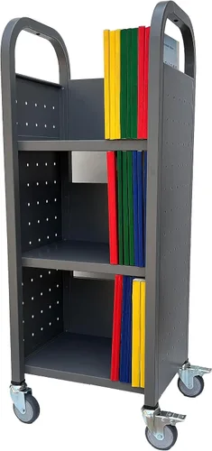 Vista 9 de Workington Carrito de libro con ruedas de un solo banco con 3 estantes planos, carrito de libros de biblioteca con ruedas giratorias bloqueables