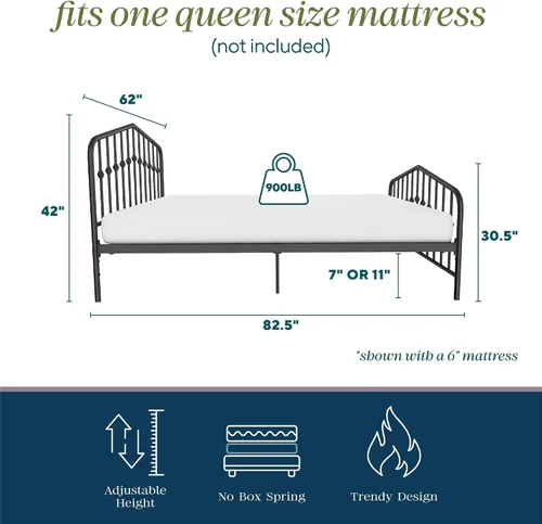 Vista 2 de Novogratz Bushwick - Marco de cama Queen de metal con cabecera ligeramente triangular, husillos insertados, base ajustable para almacenamiento,