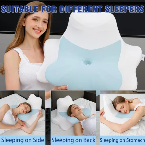 Vista 3 de Almohada de cuello de espuma viscoelástica para dolor de cuello y hombros, almohada ergonómica para dormir boca abajo, almohada de apoyo cervical