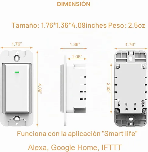 Vista 2 de Interruptor de luz inteligente, compatible con Alexa, Google Home, no requiere concentrador, WiFi inalámbrico para hogar inteligente, se ajusta
