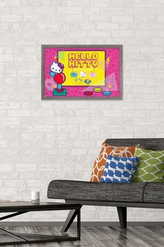 Vista 2 de Trends International Hello Kitty: Póster de pared Kawaii Arcade de 22.4 pulgadas de largo x 14.7 W, versión enmarcada de madera de granero