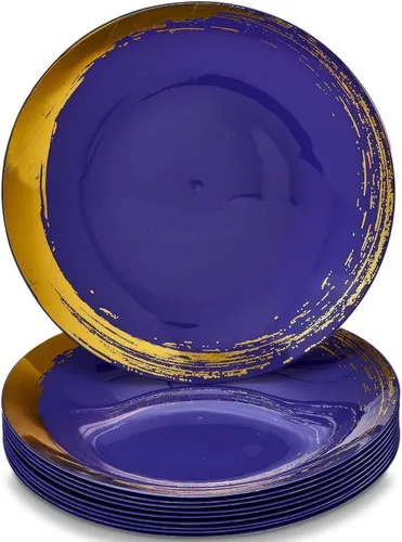 Vista 9 de SILVER SPOONS Platos de plástico con borde de pincel dorado para fiestas (10 unidades) Juego de vajilla desechable resistente de 10.25 pulgadas