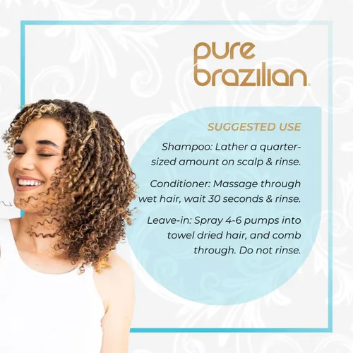 Vista 4 de Pure Brazilian Kit esencial diario de 3 piezas: champú antiencrespamiento, acondicionador y acondicionador milagroso sin enjuague con queratina