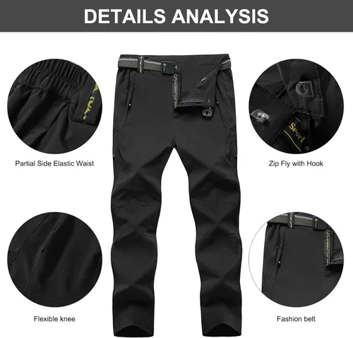 Vista 6 de Pantalones de senderismo para hombre con cinturón, secado rápido, ligeros, impermeables, con bolsillos con cremallera