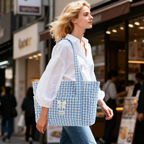 Vista 2 de Two Sets of Quilted Gingham Tote BagsBlack&Blue