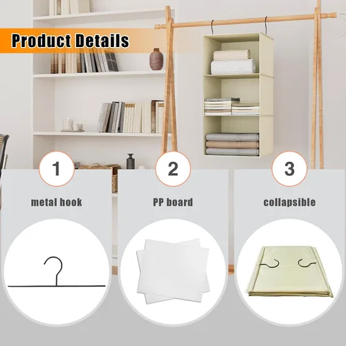 Vista 6 de Organizador colgante para armario y almacenamiento con 3 estantes, estantes colgantes plegables de montaje fácil para guardar ropa, bolsos, zapatos