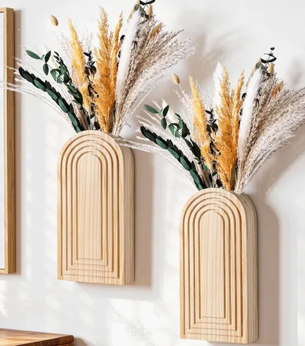 Vista 13 de DREAMLOOM Paquete de 2 jarrones de pared de madera con plantas artificiales de eucalipto, macetas para colgar en la pared, estilo bohemio y moderno