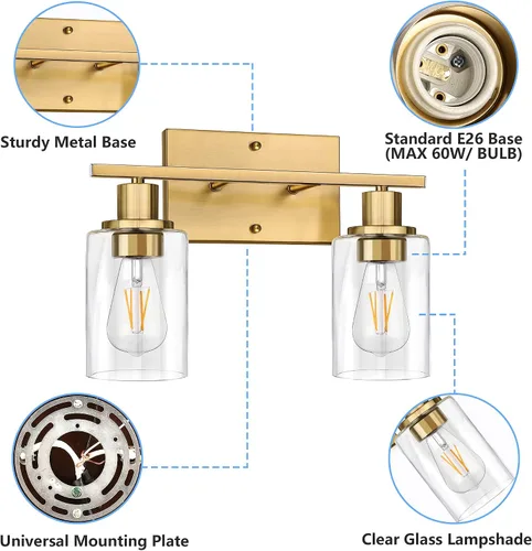 Vista 8 de ShineTech 2 luces de tocador doradas para baño, iluminación de pared moderna con vidrio transparente, luz de aplique de latón cepillado para espejo