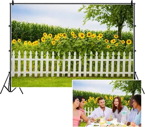 Vista 9 de Leyiyi Telón de fondo de paisaje natural primaveral de 5 x 3 pies, diseño de girasoles amarillos, árbol alto y exuberante, valla texturizada