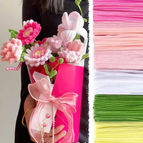 Vista 7 de Limpiapipas rosas para hacer flores, 500 tallos de chenilla esponjosos Esquema de color de flores rosadas