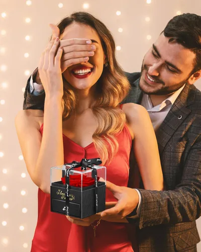 Vista 4 de Rosa preservada con collar – Caja de flores eternas para siempre – Rosa real infinita regalos para mujeres: mamá, madre, esposa, novia y ella