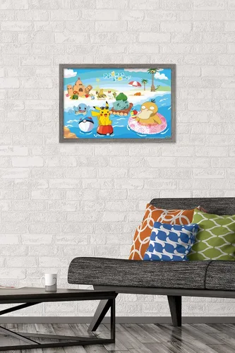 Vista 2 de Trends International Pokémon - Póster de pared de verano, 22.4 pulgadas de largo x 14.7 pulgadas, versión enmarcada en madera de granero